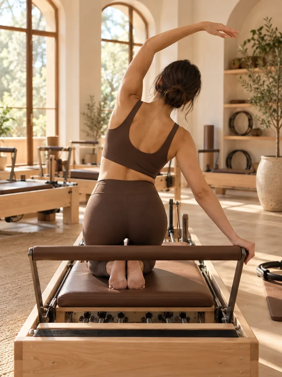 Người tập nhìn từ phía sau đang giãn cơ trên máy reformer