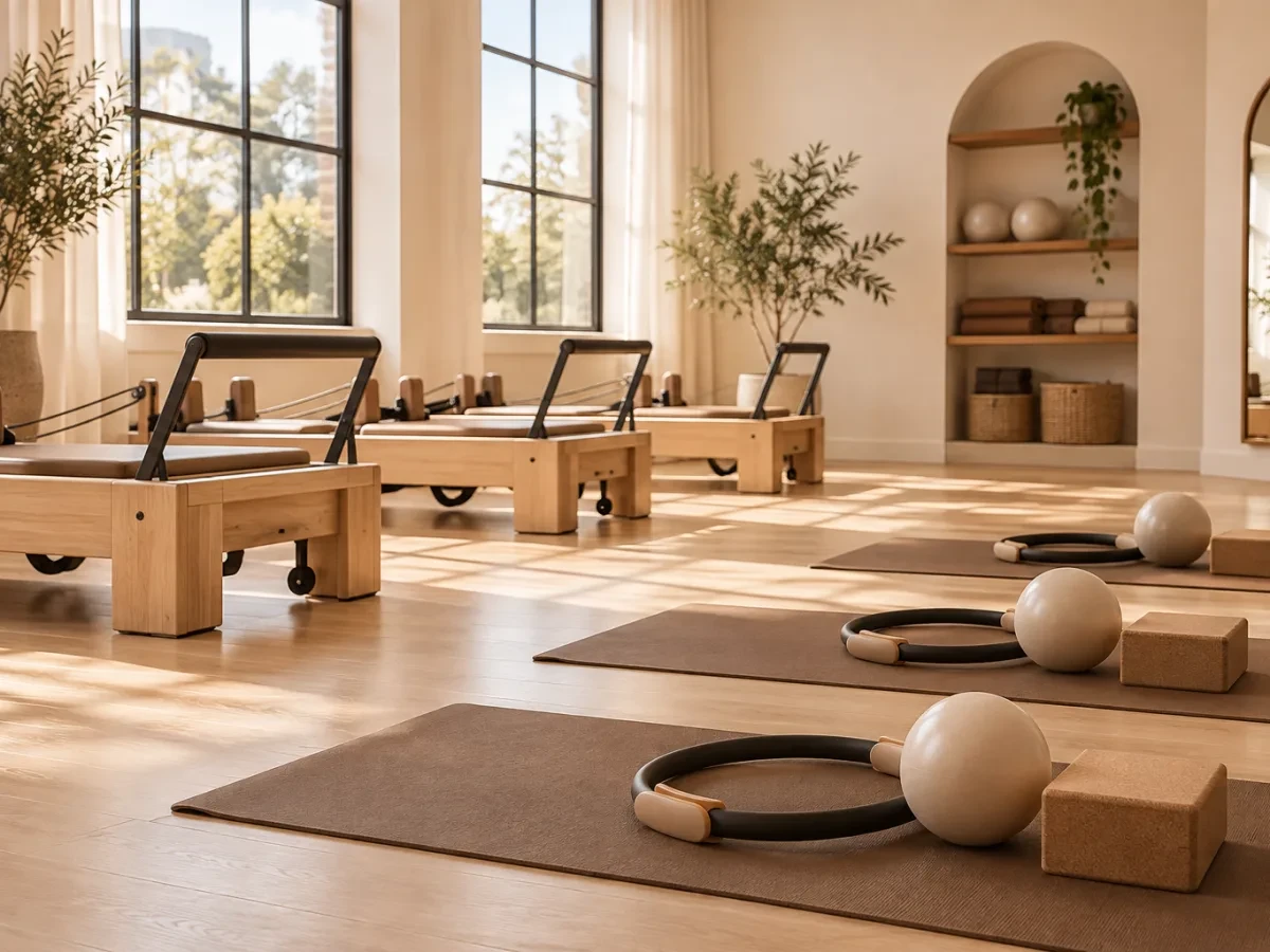 Thảm và vòng pilates xếp trong phòng