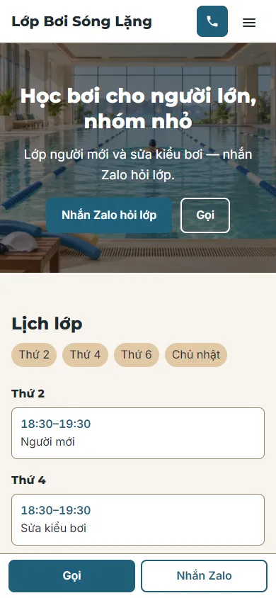 Mẫu Lớp bơi cho người lớn trên điện thoại