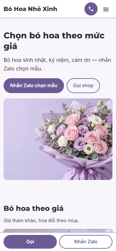 Mẫu Shop bó hoa theo giá trên điện thoại