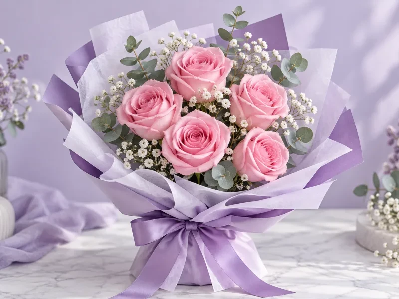 Bó năm bông hồng phấn gói giấy pastel