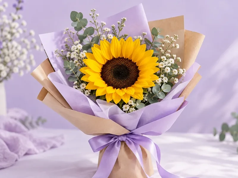 Một bông hướng dương gói giấy kraft và tím