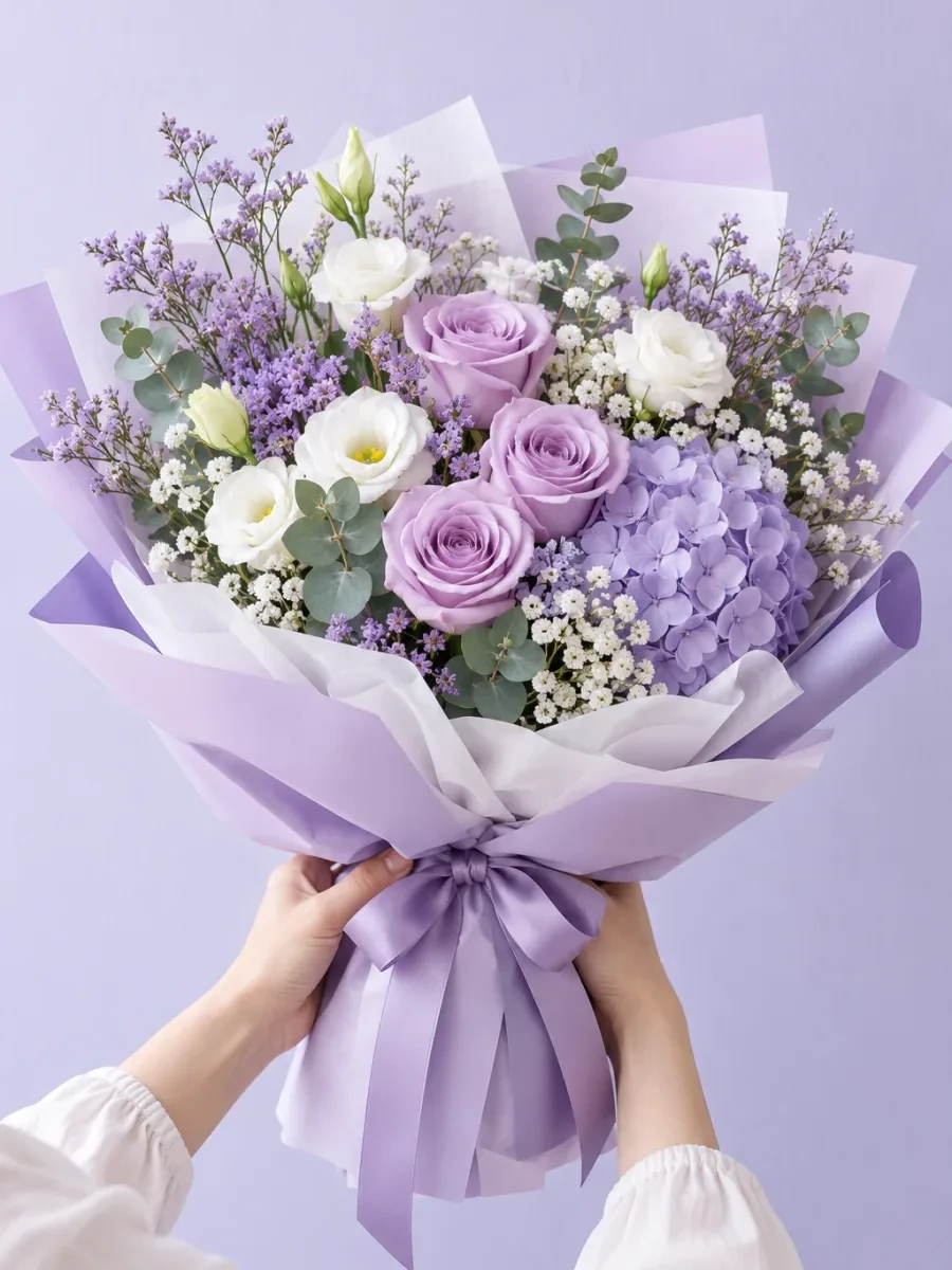 Bàn tay cầm bó hoa pastel trước bức tường sáng