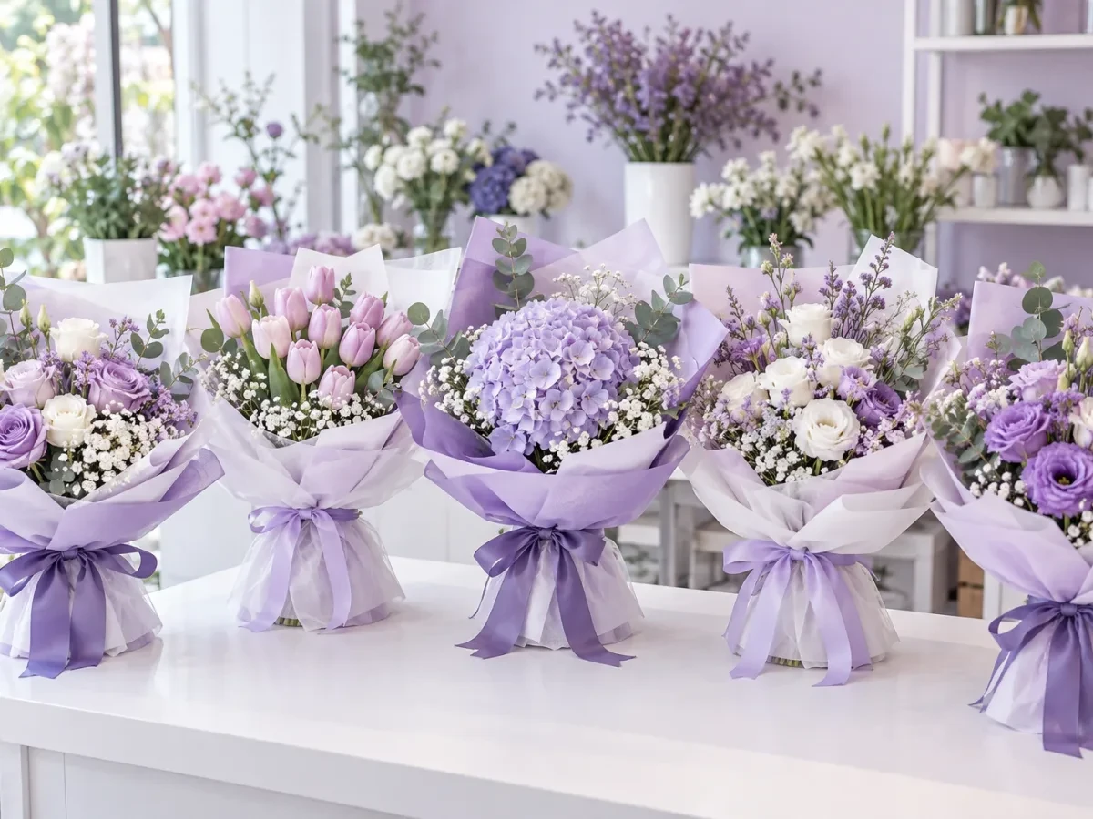 Hàng bó hoa gói sẵn trên bàn trắng