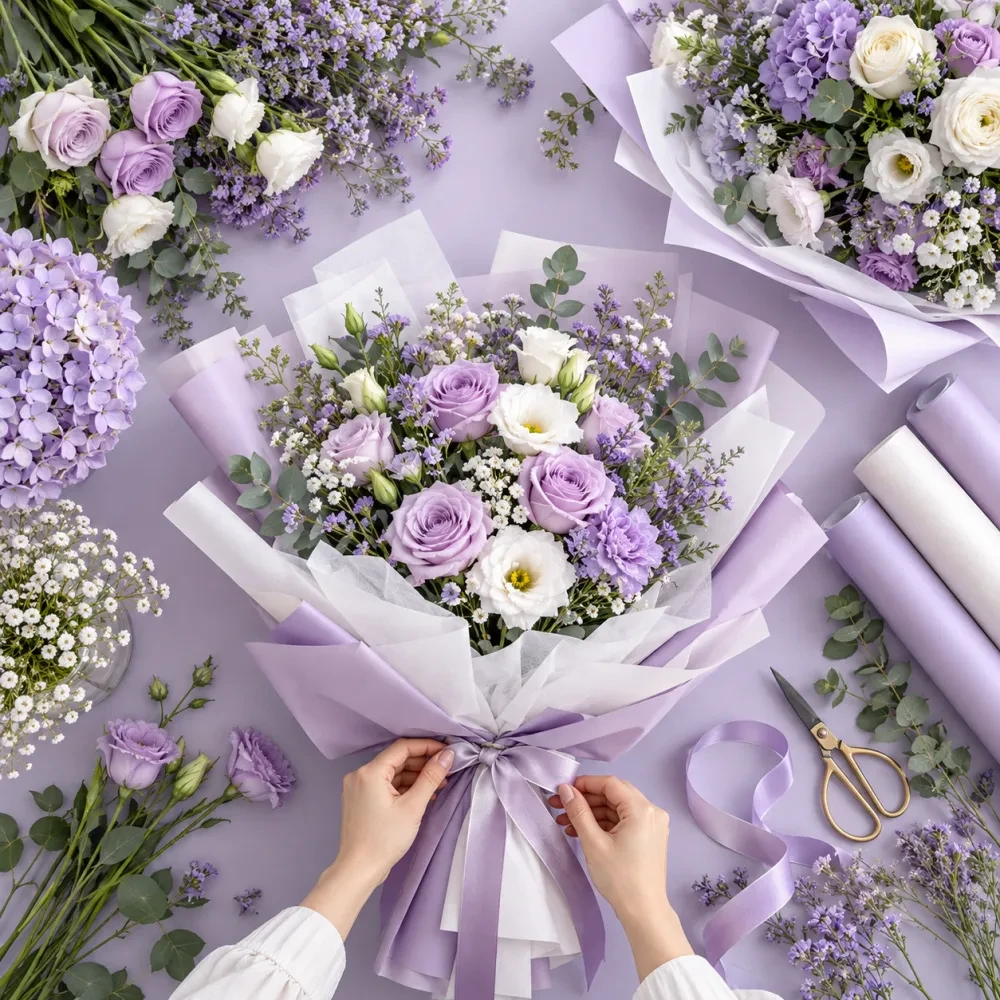Nhìn từ trên xuống hoa và cuộn giấy gói