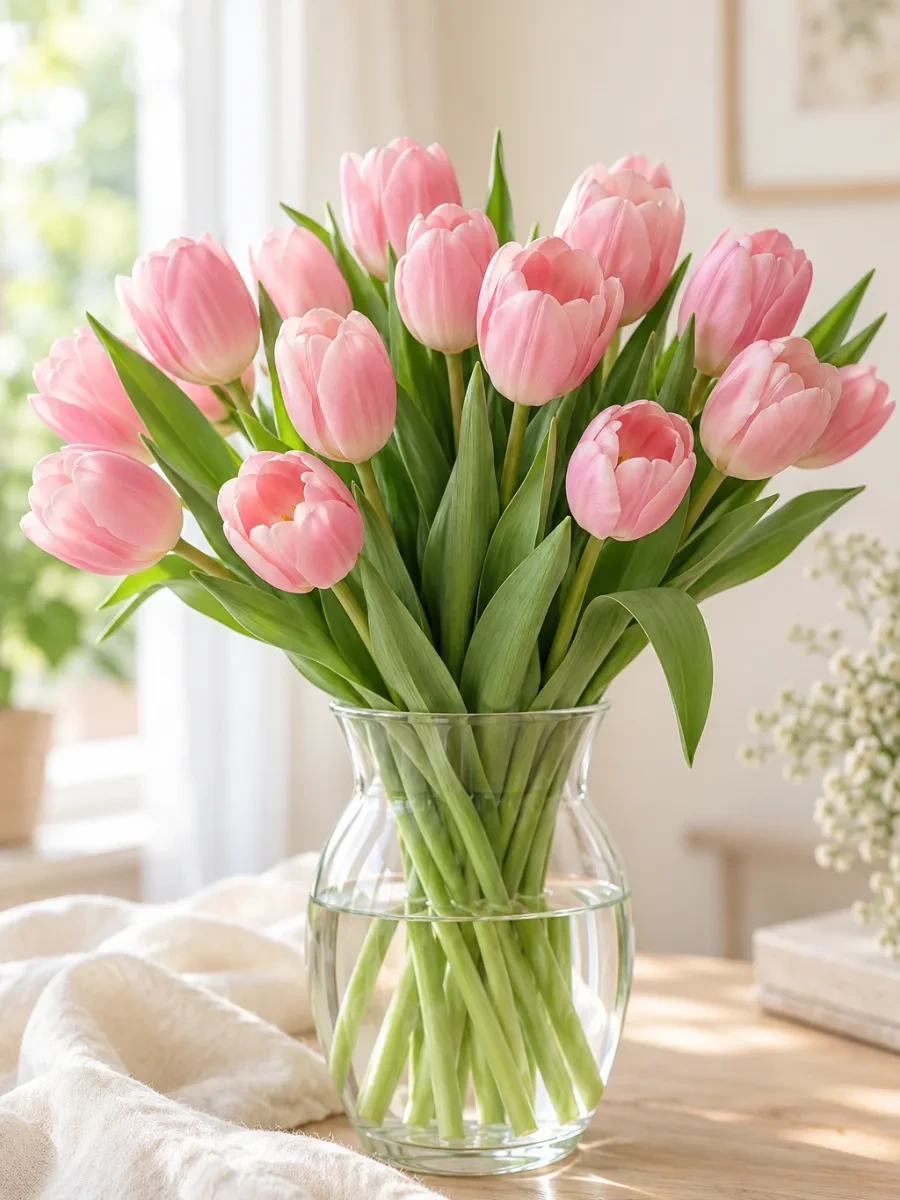 Bó hoa tulip hồng đứng trong bình thuỷ tinh