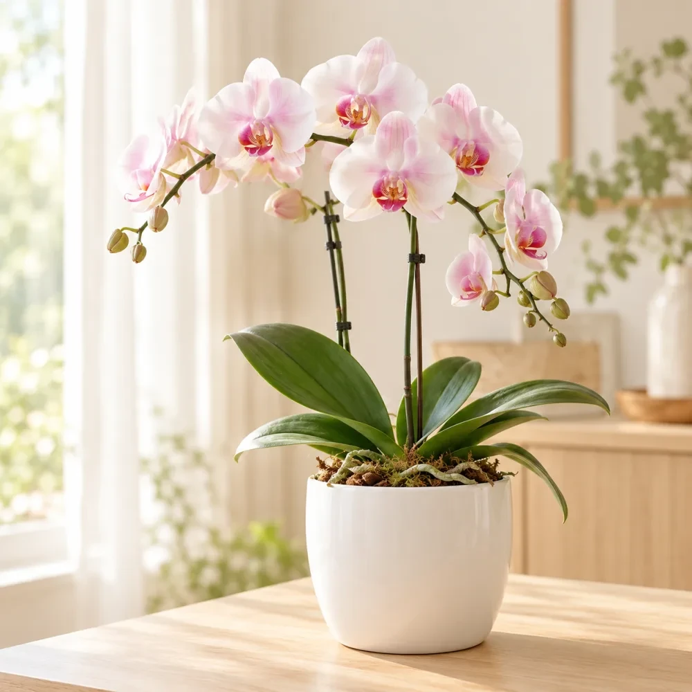Hoa lan hồ điệp trong chậu sứ trắng