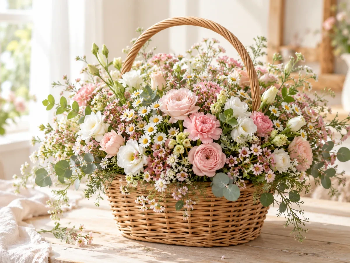 Giỏ hoa mùa xuân nhiều loại hoa nhỏ