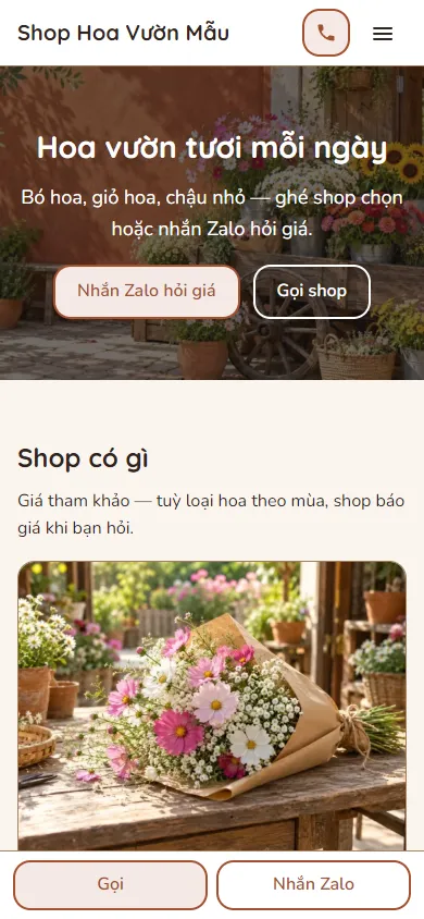 Mẫu Shop hoa phong cách vườn trên điện thoại