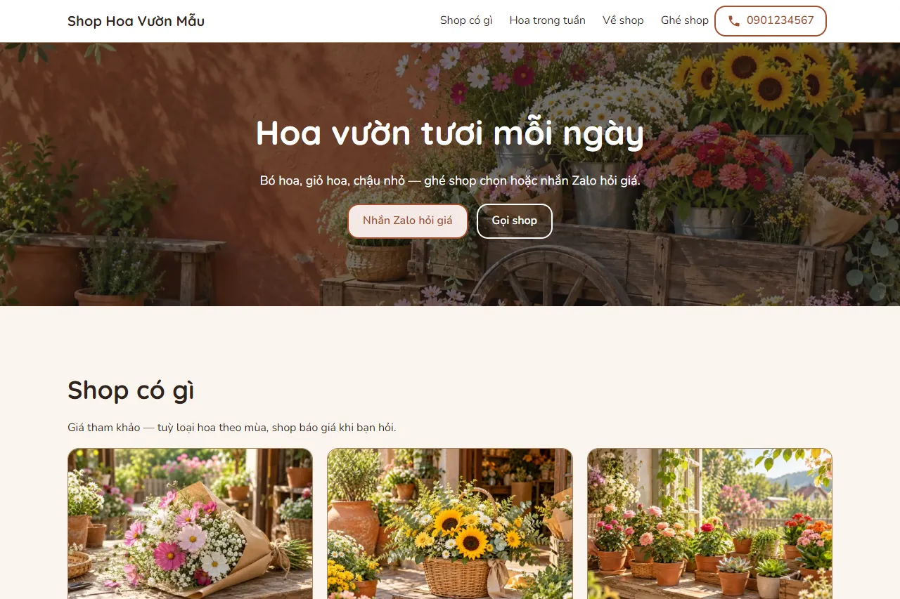 Mẫu Shop hoa phong cách vườn trên máy tính