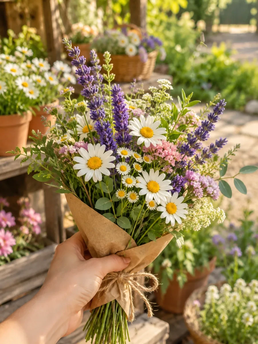 Bàn tay cầm bó cúc hoạ mi và oải hương trên nền vườn xanh