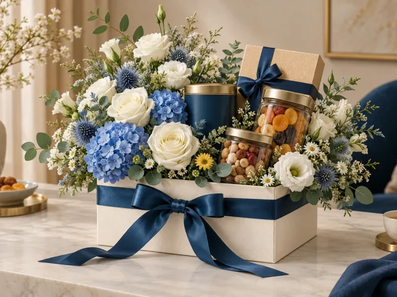 Giỏ quà có hoa, trà và trái cây sấy