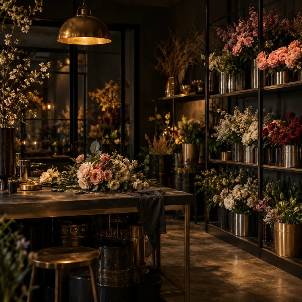 Bên trong xưởng hoa nhỏ lúc chiều tối với kệ kim loại và xô hoa tươi
