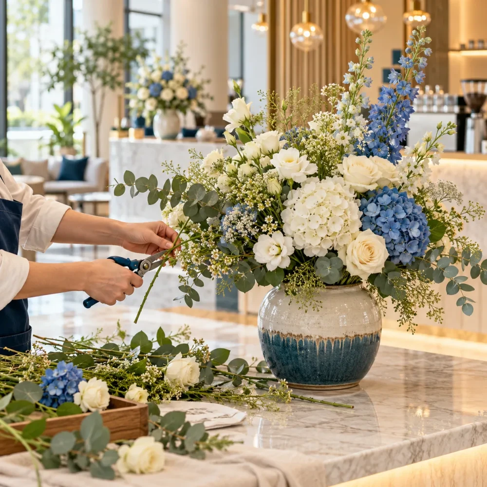 Bàn tay người cắm hoa tỉa cành vào bình gốm