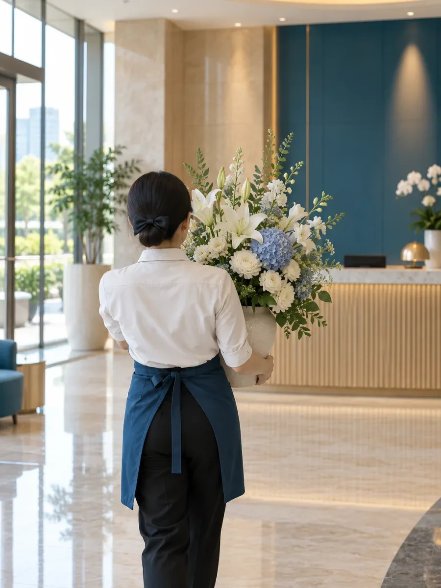 Người cắm hoa nhìn từ phía sau mang bình hoa vào sảnh