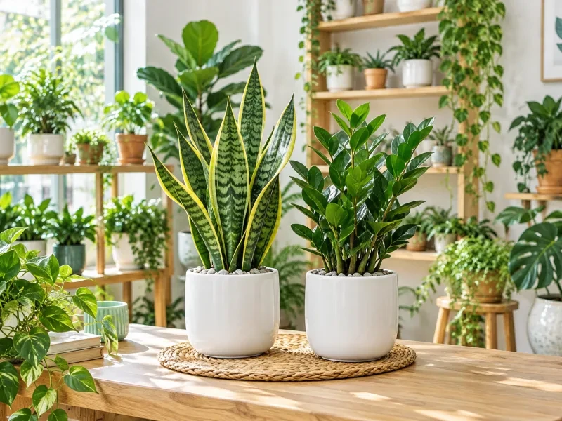 Cây lưỡi hổ và kim tiền trong chậu sứ trắng trên bàn gỗ