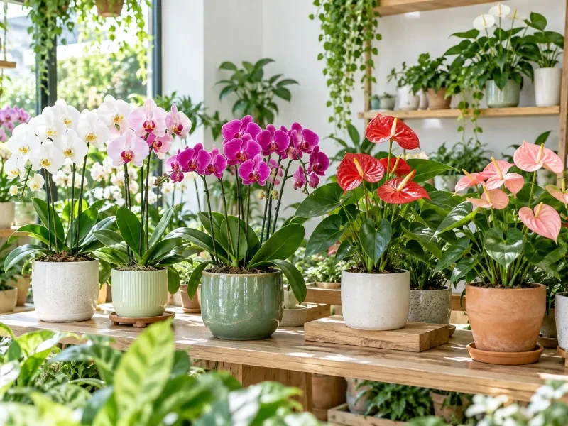 Hàng chậu lan hồ điệp và hồng môn đang nở