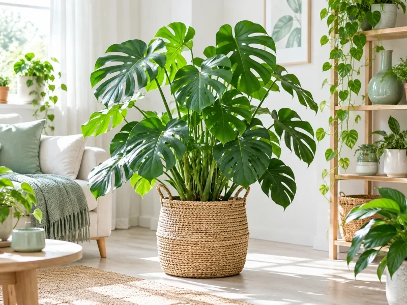 Cây trầu bà lớn trong giỏ cói ở phòng khách sáng