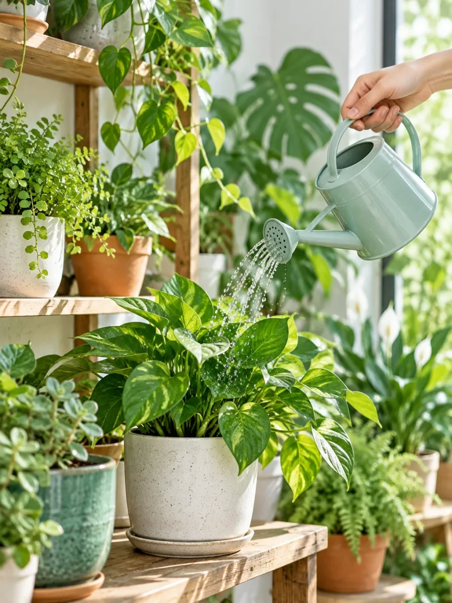 Bàn tay tưới chậu cây bằng bình tưới nhỏ