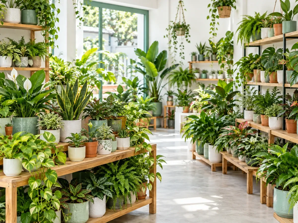 Trong tiệm, nhiều tầng kệ xếp đầy cây xanh