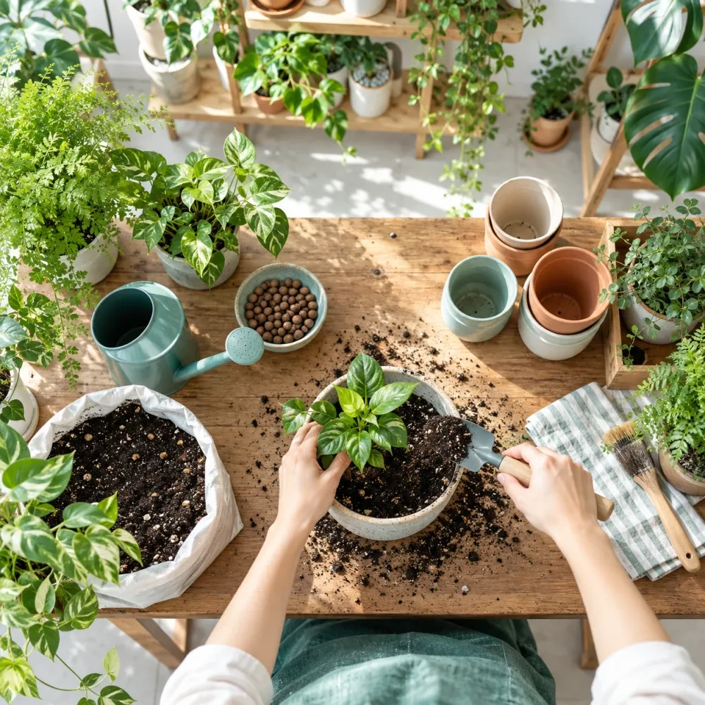 Bàn làm việc với đất trồng, chậu nhỏ và cây con