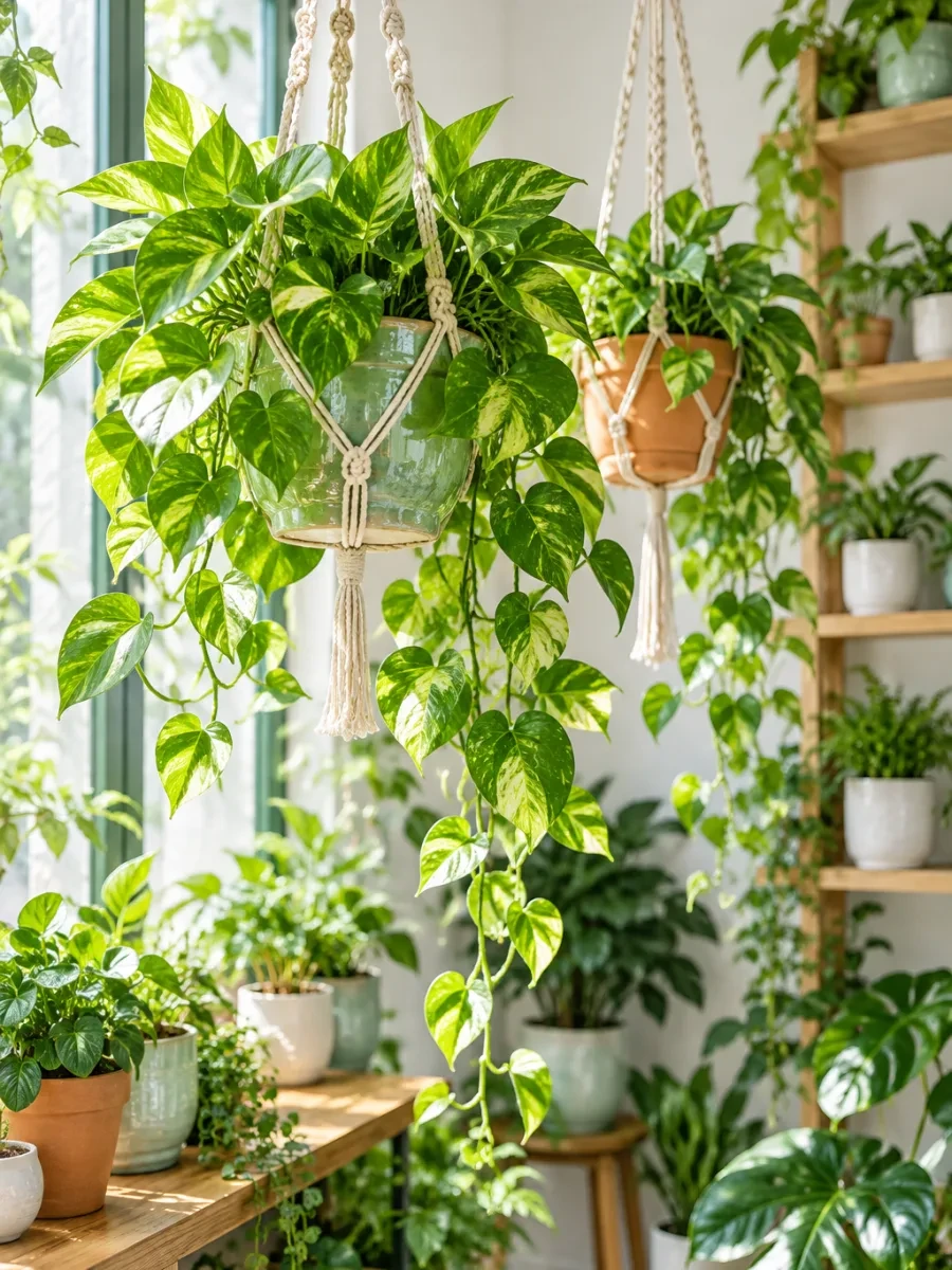 Chậu trầu bà treo bằng dây macrame cạnh cửa sổ