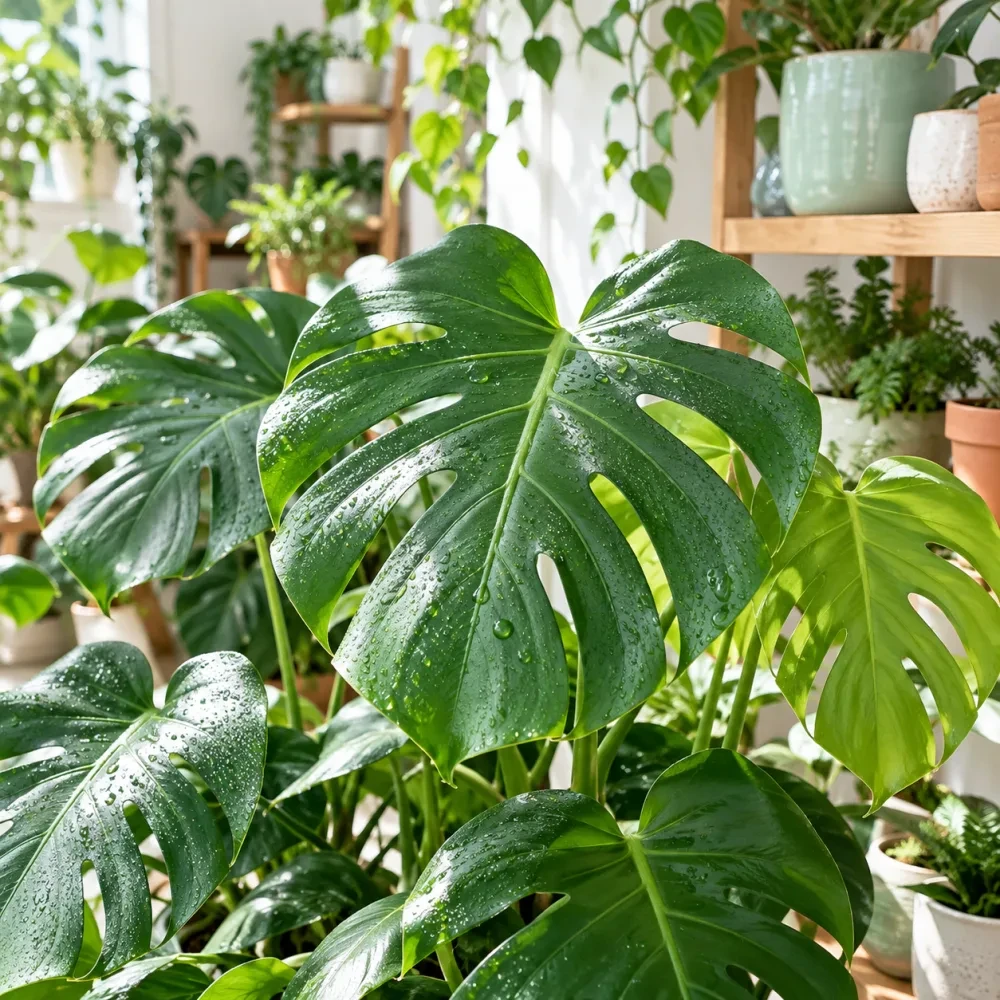 Cận cảnh lá trầu bà Nam Mỹ còn đọng nước