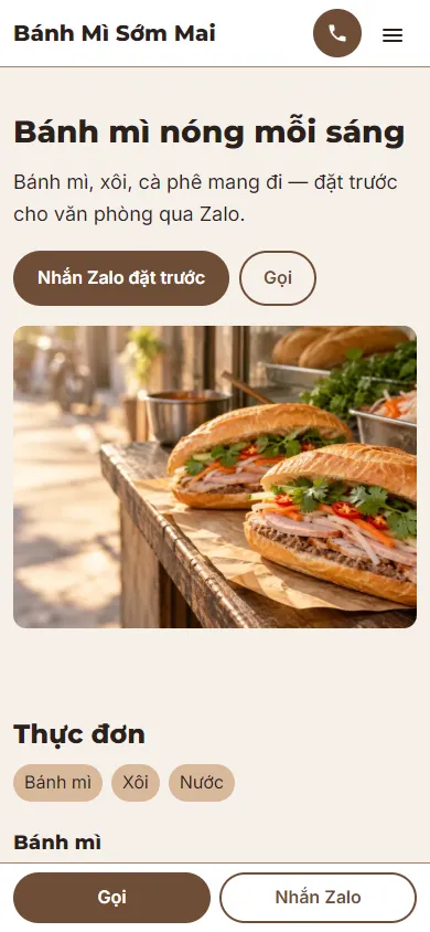 Mẫu Quán bánh mì, xôi mang đi trên điện thoại