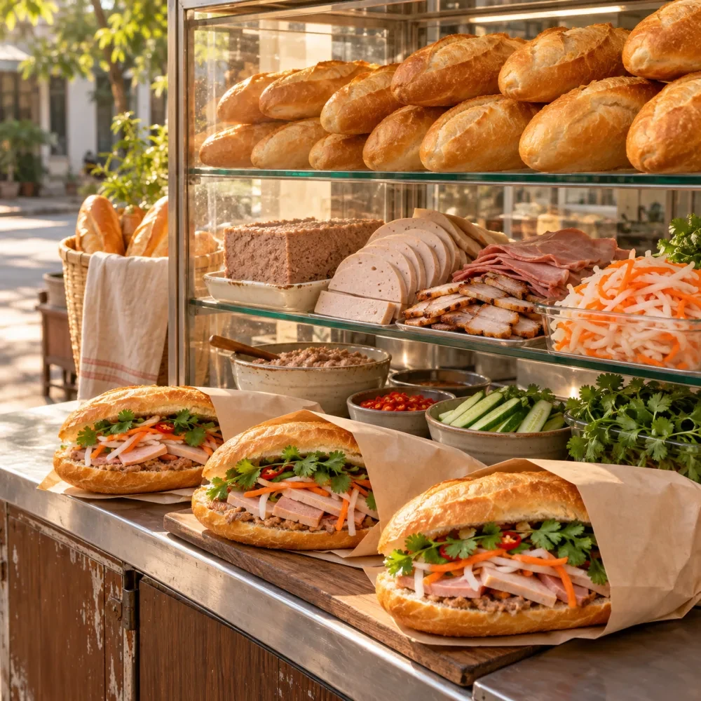 Quầy bánh mì nhỏ bên đường có tủ kính bánh và nhân