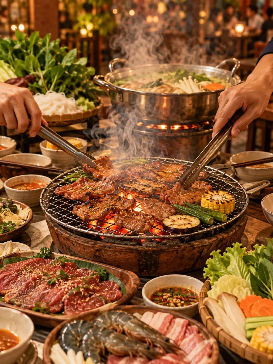 Bàn tay lật thịt trên vỉ nướng bằng kẹp