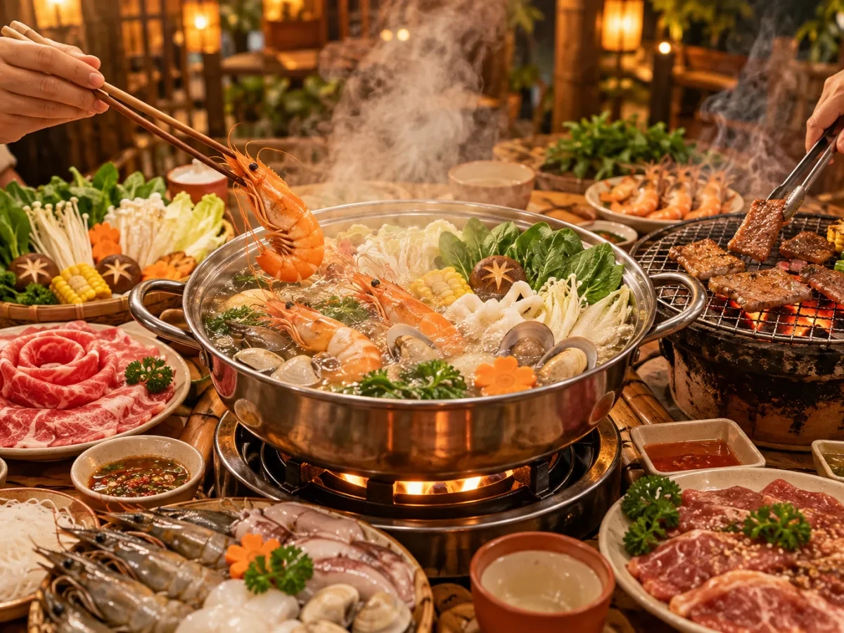 Nồi lẩu có hải sản và rau, hơi nóng bốc lên
