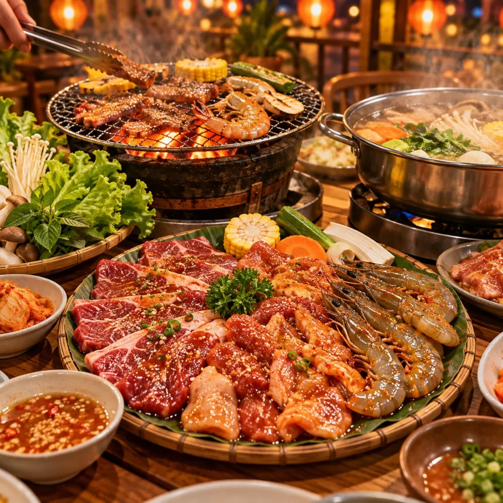 Đĩa thịt bò, heo và tôm ướp sẵn