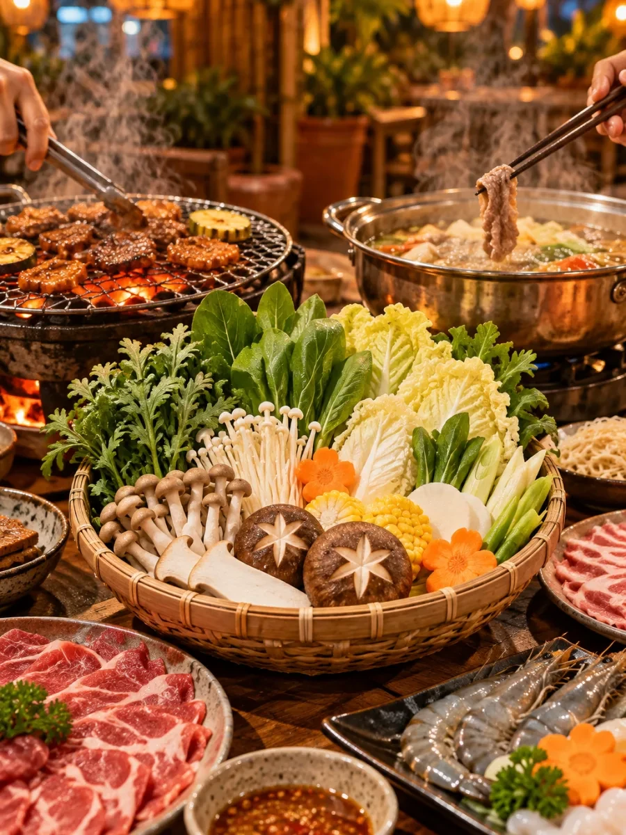 Rổ rau và nấm ăn lẩu