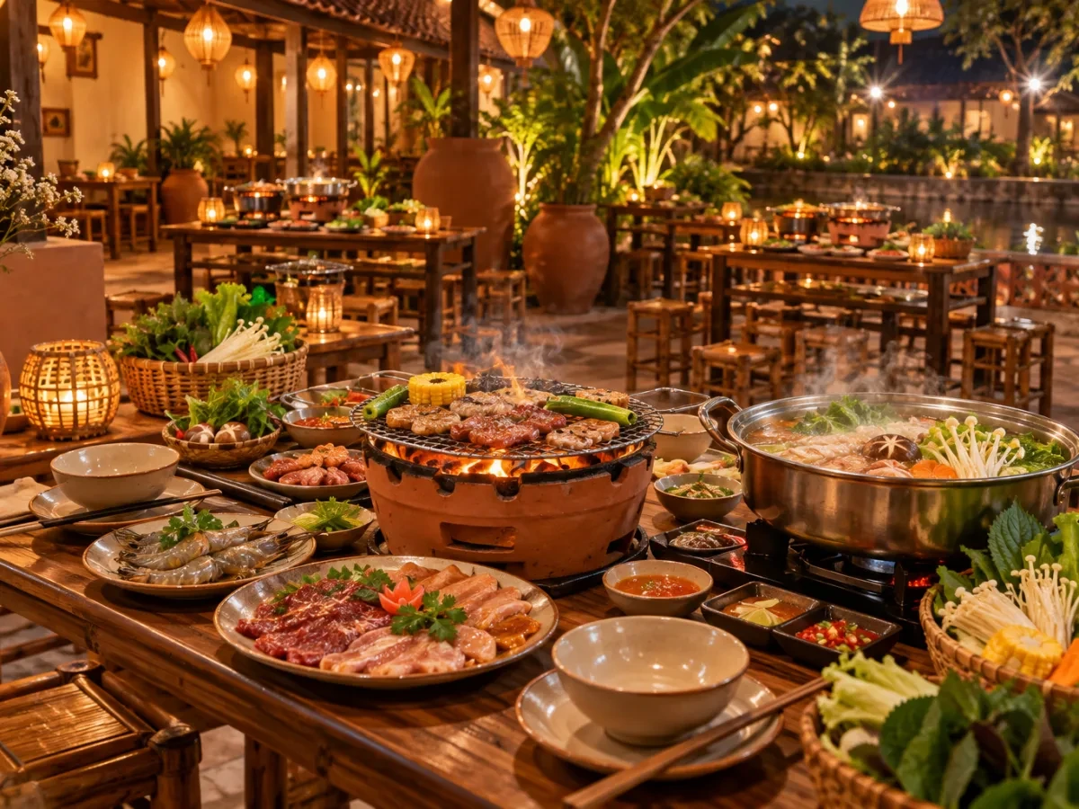 Quán buổi tối với bàn và bếp nướng nhỏ