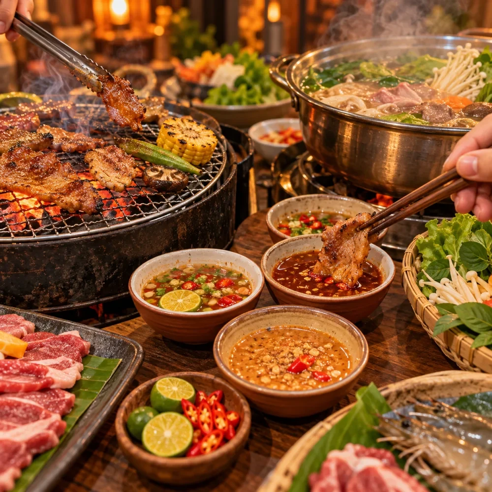 Nước chấm trong chén nhỏ với chanh và ớt