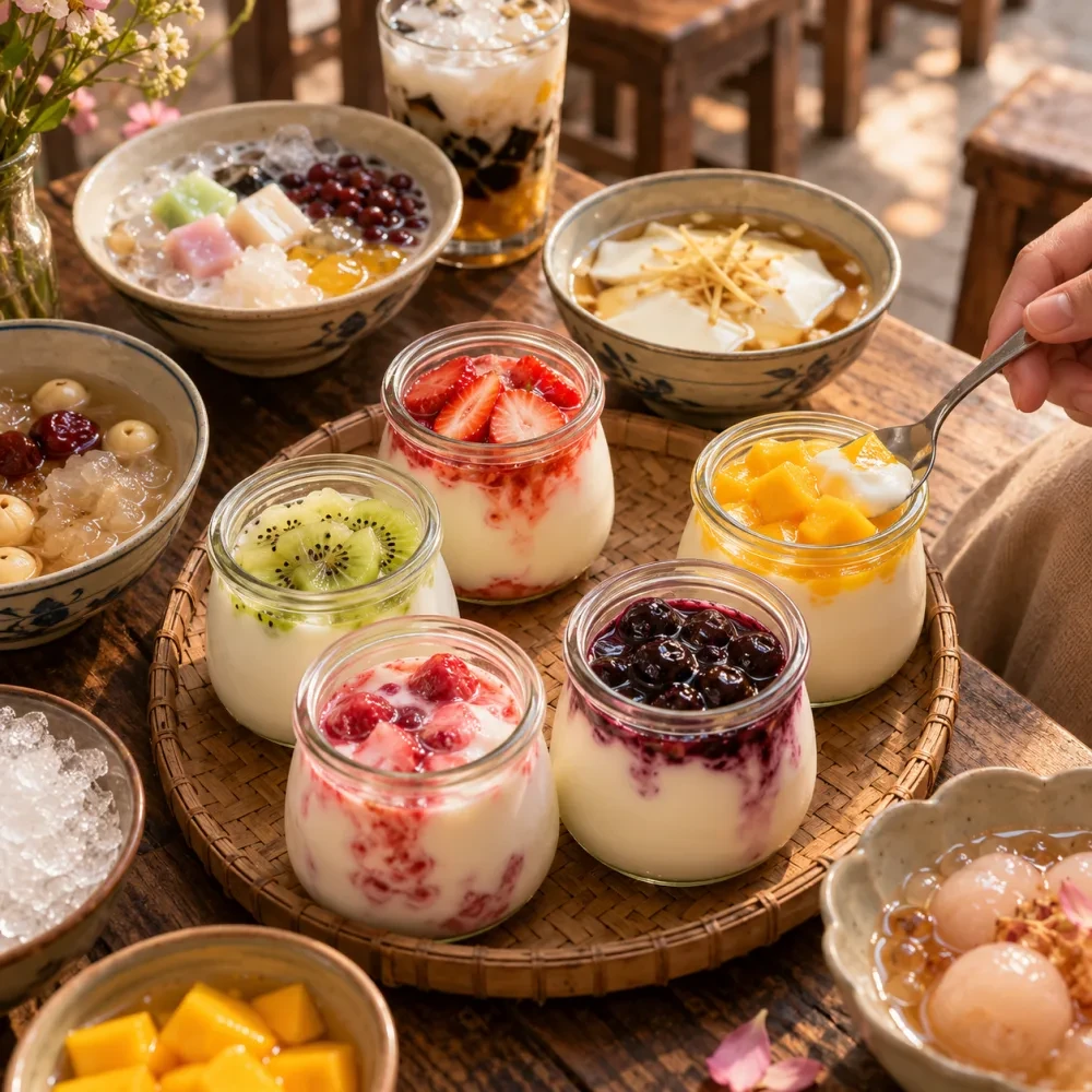 Hũ sữa chua trái cây nhỏ nhìn từ trên xuống