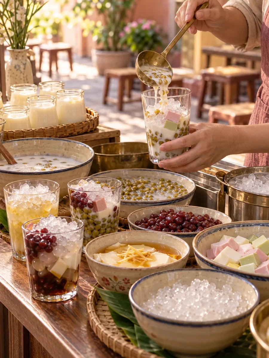 Bàn tay múc chè vào cốc sau quầy