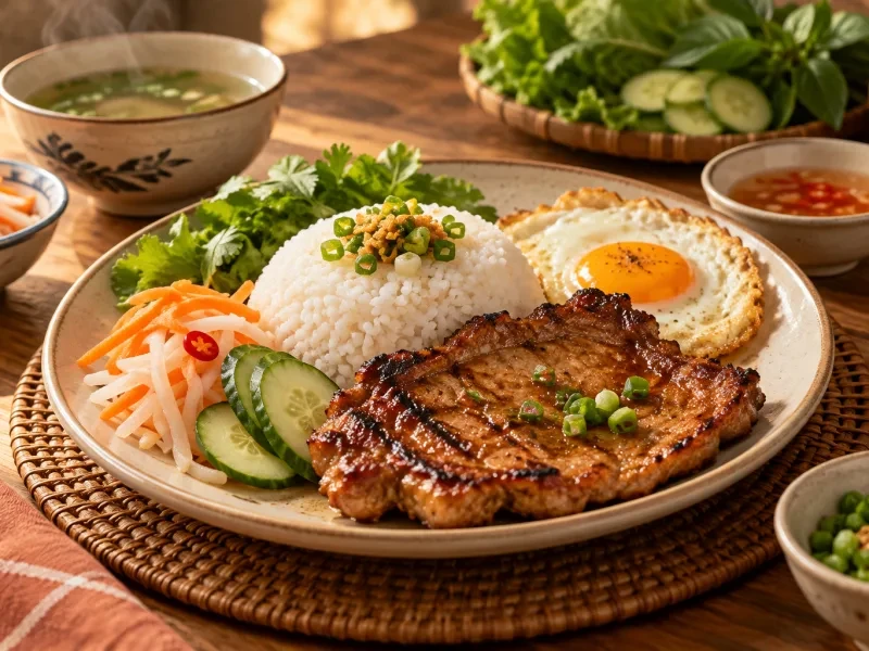 Đĩa cơm tấm sườn nướng, trứng ốp và đồ chua