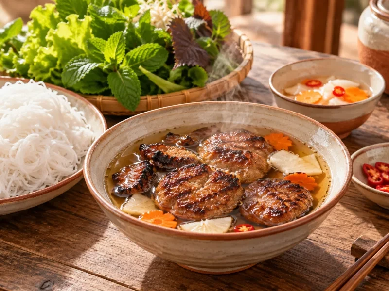 Bún chả với chả nướng, bún và rau thơm