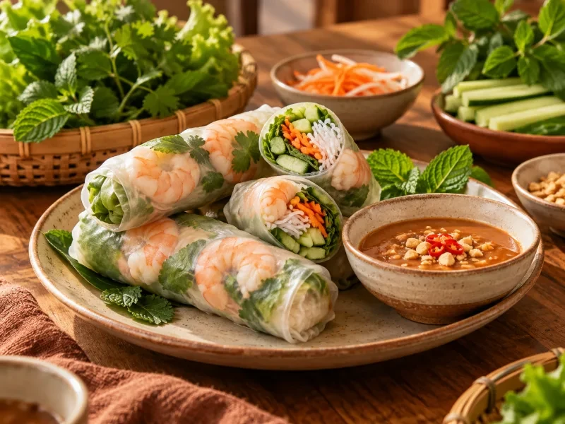 Gỏi cuốn tôm thịt với chén tương đậu