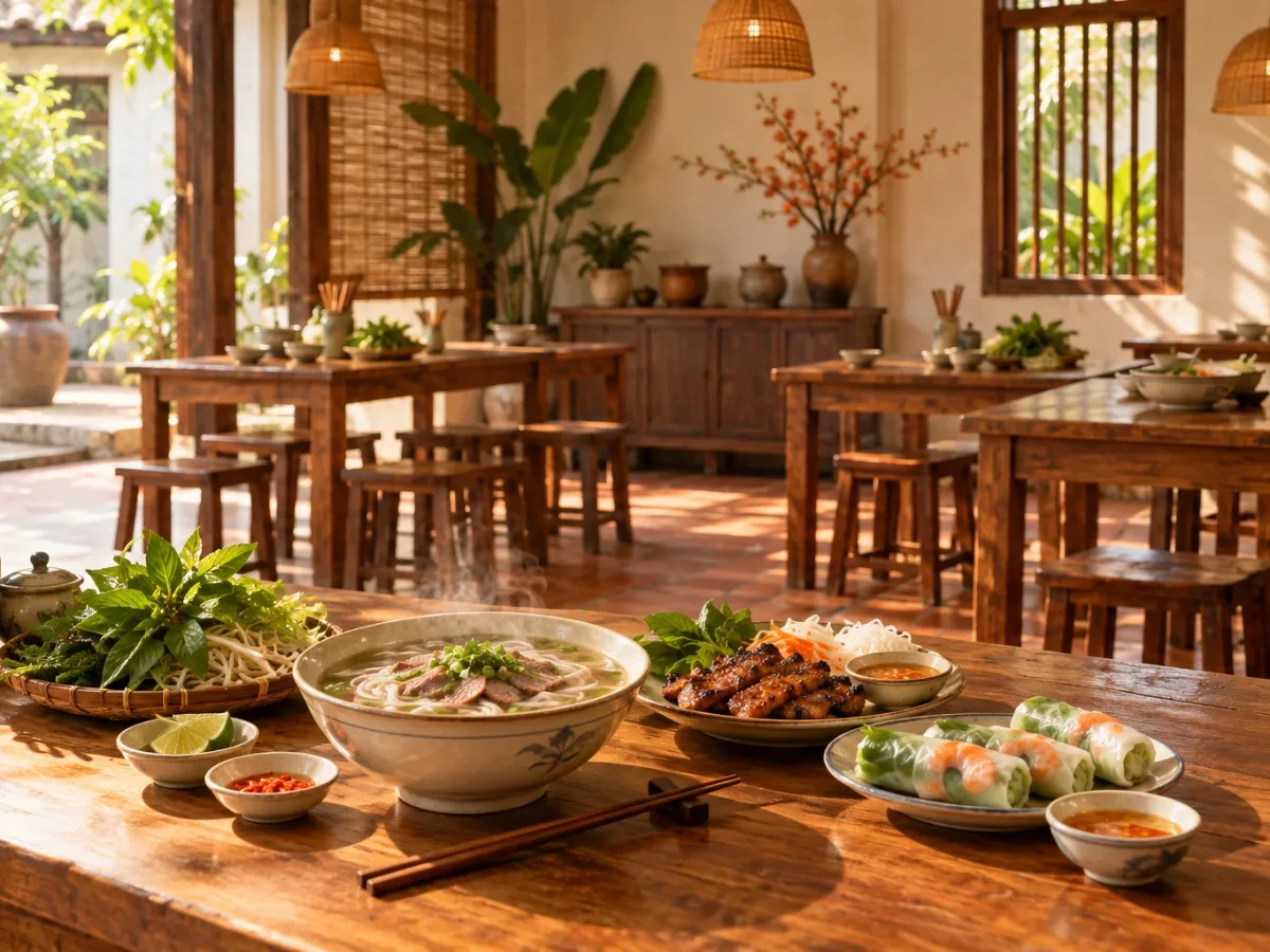 Phòng ăn đơn giản với bàn gỗ và ghế đẩu