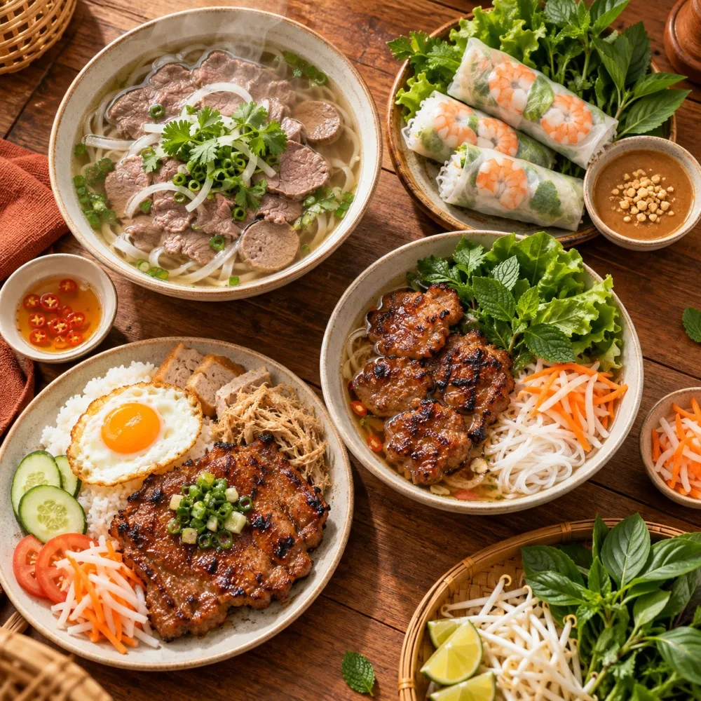 Nhìn từ trên xuống mâm nhiều món Việt