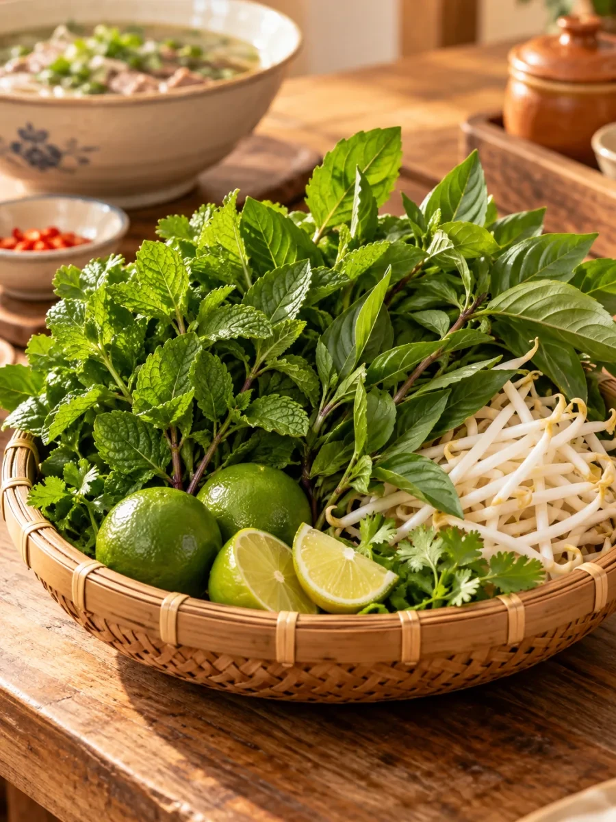 Rổ rau thơm và chanh trên quầy
