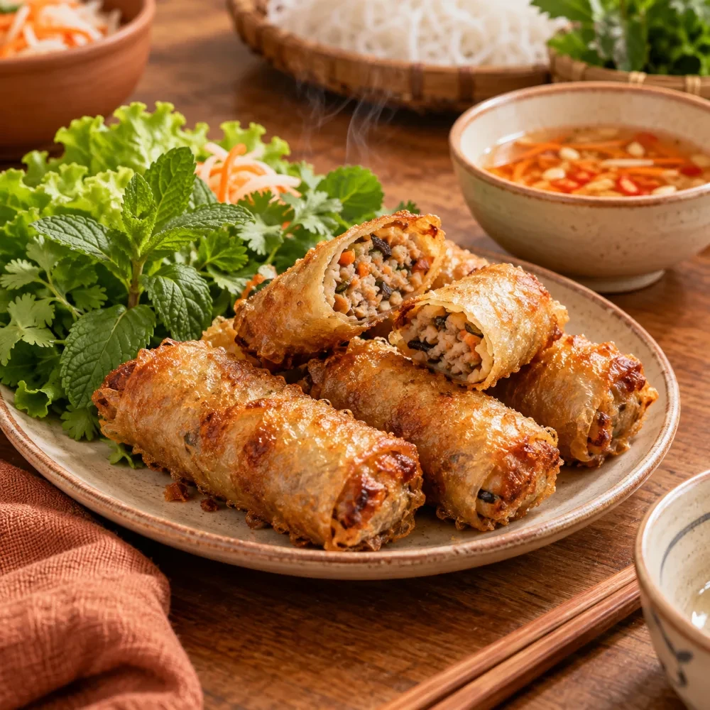 Cận cảnh đĩa chả giò chiên giòn