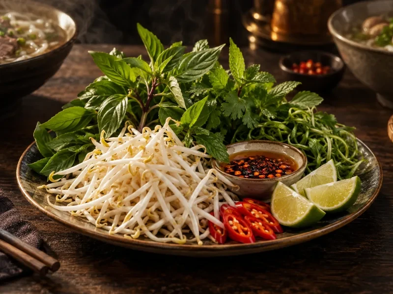 Đĩa rau thơm, chanh, giá và ớt