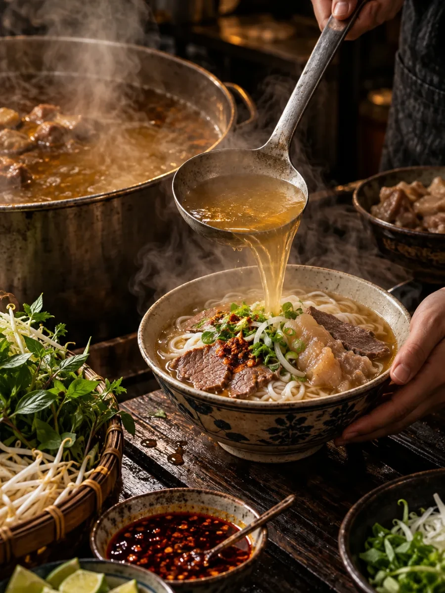 Bàn tay múc nước dùng từ nồi lớn