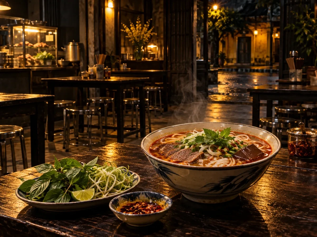 Quán nhỏ có ghế đẩu và bàn gỗ buổi tối