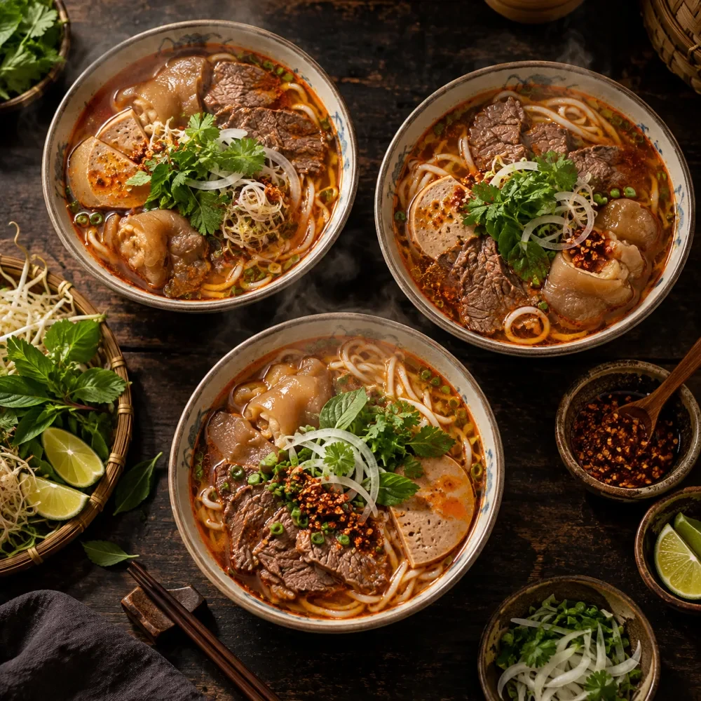 Nhìn từ trên xuống ba tô bún trên bàn tối