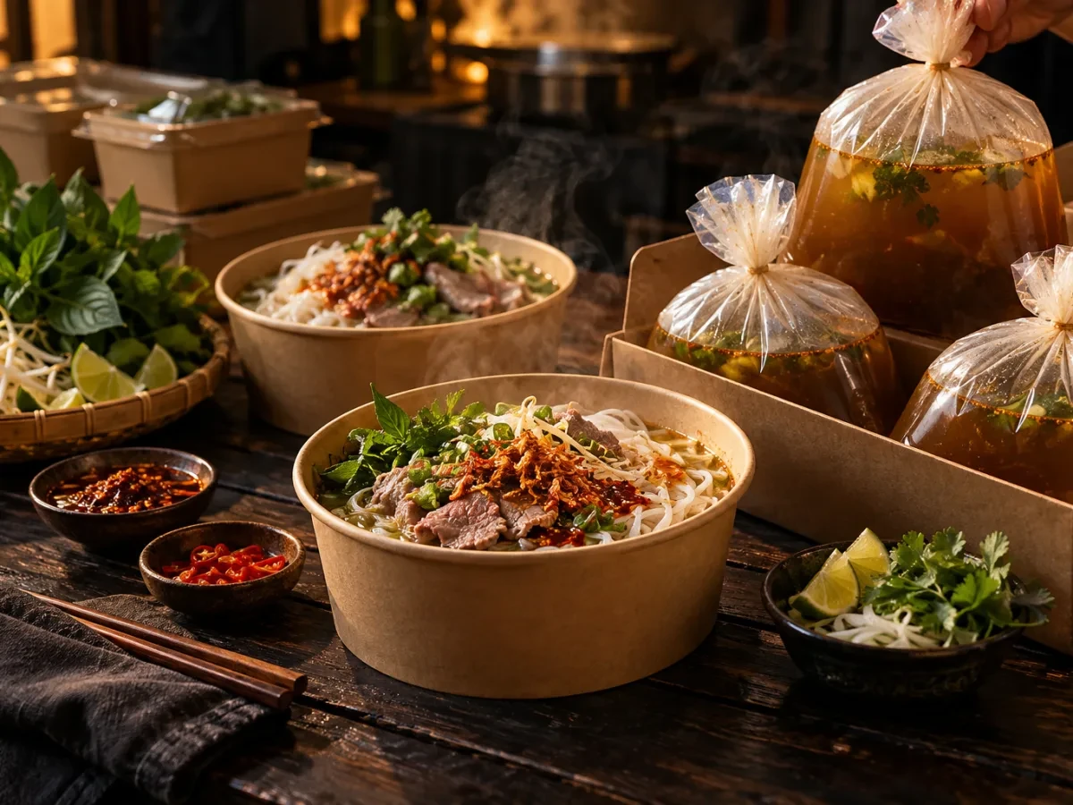 Hộp bún và túi nước dùng mang về xếp gọn
