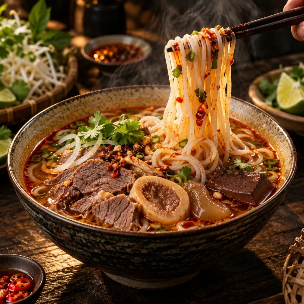 Đũa gắp sợi bún, hơi nóng bốc lên